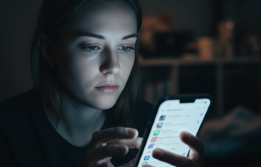 Alt Text: A young woman in a dimly lit room, her face softly illuminated by the blue light of a smartphone as she scrolls, capturing the quiet, isolating reality of digital consumption and the human side of social media addiction