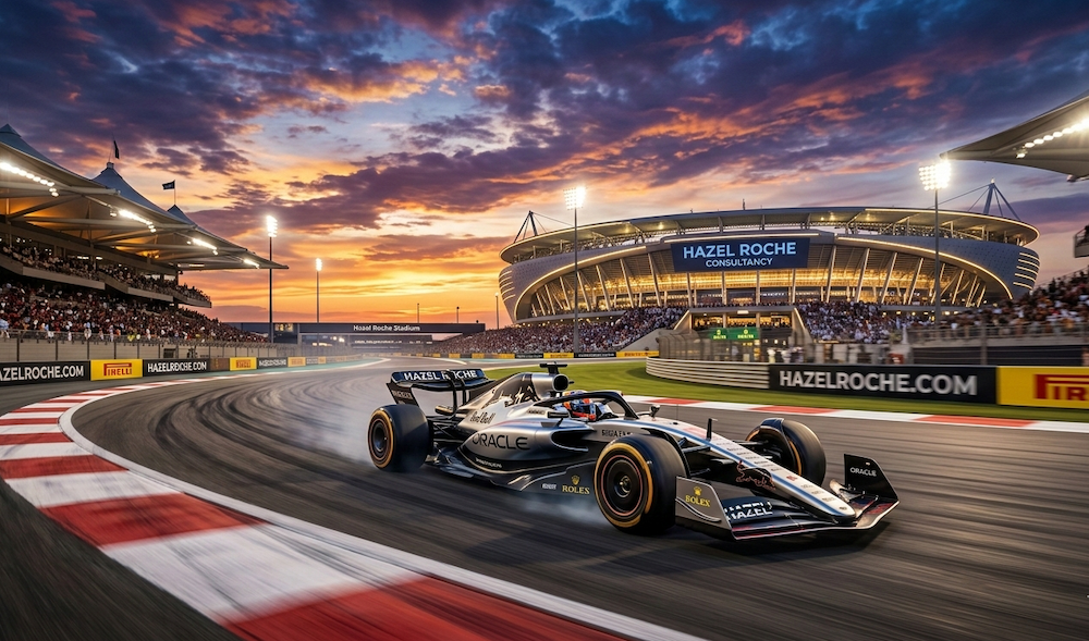 Gemini said A dynamic photograph of a modern Formula 1 car racing on a curving asphalt track at dusk, with motion blur on the wheels and track surface. The car is on a circuit surrounded by a large, illuminated stadium with grandstands full of spectators. The sky above is a dramatic sunset with swirling orange, purple, and blue clouds. Trackside barriers feature yellow Pirelli logos and digital signage displaying HAZELROCHE.COM. A large screen on the stadium in the background clearly reads HAZEL ROCHE CONSULTANCY