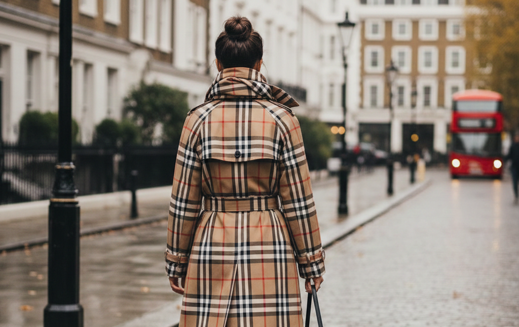 Woman in a Burberry heritage check raincoat walking through a London neighborhood, editorial style fashion photography