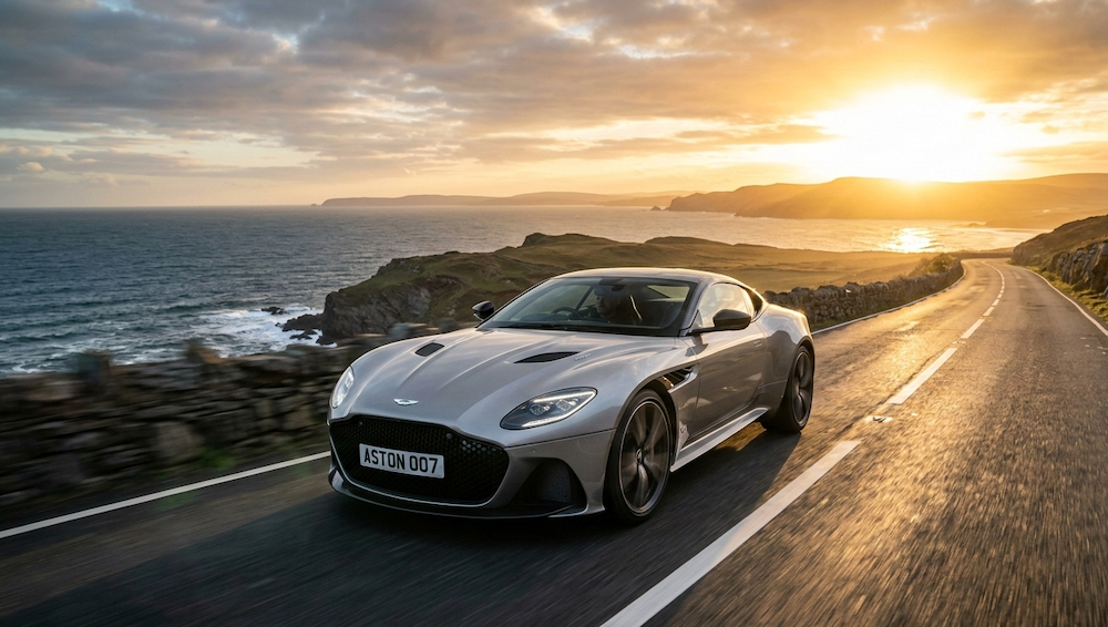 A sleek silver Aston Martin driving on a scenic cliffside highway towards a golden sunrise, featuring a custom ASTON 007 number plate.