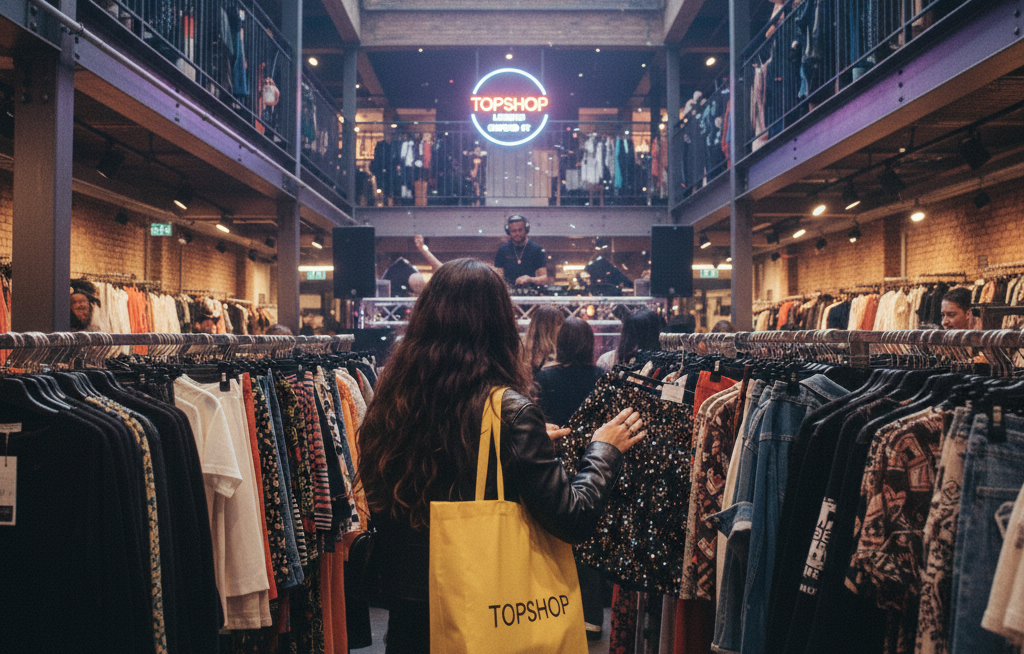 A wide landscape shot inside the iconic Topshop Oxford Circus flagship store, showing a woman from behind as she browses a rail of clothes. In the background, a DJ performs on a raised booth under a glowing neon Topshop London sign, capturing the energetic and immersive brand experience of the multi-level retail space.