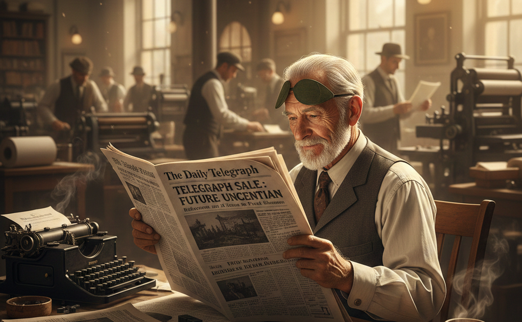 An elderly newspaper editor in a vintage 19th-century Fleet Street newsroom, wearing a green eyeshade and waistcoat, intently reading a copy of The Daily Telegraph with a headline about the 'Telegraph Sale.' The background shows a bustling historic print shop with typewriters and printing presses.