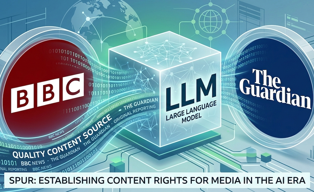A conceptual digital illustration showing the BBC and The Guardian logos on either side of a glowing "LLM" (Large Language Model) cube. Data streams labeled "Quality Content Source" flow into the cube, with a banner at the bottom reading "SPUR: Establishing Content Rights for Media in the AI Era."
