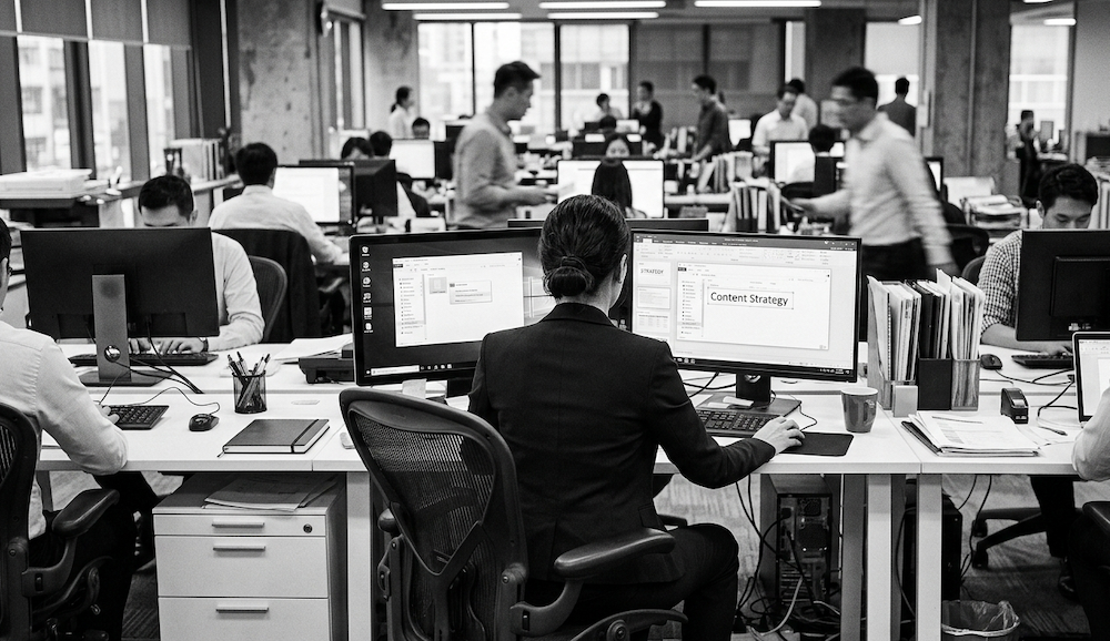 A black and white photograph from behind, focusing on a businesswoman with dark hair tied up, seated at a desk with dual monitors in a busy, open-plan office. Her right monitor clearly displays the phrase "Content Strategy" on the screen. The background is bustling with other employees, desks, and office activities.