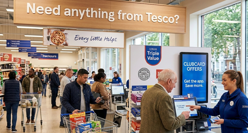 A wide, landscape photograph capturing a bustling, modern Tesco Extra supermarket entrance and checkout area in the UK. Large wooden-effect signage hangs prominently overhead displaying the new slogan: 'Need anything from Tesco?'. Below it, a framed poster features an image of a freshly baked pizza and the classic 'Every Little Helps.' tagline. To the right, near self-checkout terminals, a smiling female Tesco employee in her blue uniform assists an elderly gentleman in a tweed jacket. She is pointing to a digital screen titled 'CLUBCARD OFFERS' where he can register, and she is also holding a smartphone with the digital Clubcard app open. A smaller sign near them highlights the recent 'Triple Value' partners. The left and central background feature other shoppers in casual clothing. One man stands by a metal shopping trolley containing a 'Family pack' while looking at his smartphone. Other customers wait in queues at the staffed checkouts (clearly marked), and further aisles filled with groceries stretch into the distance. Large background windows look out onto a leafy urban street, reinforcing the community connection. The entire scene has warm, ambient lighting, with a clear focus on the human interactions and the branded messaging.