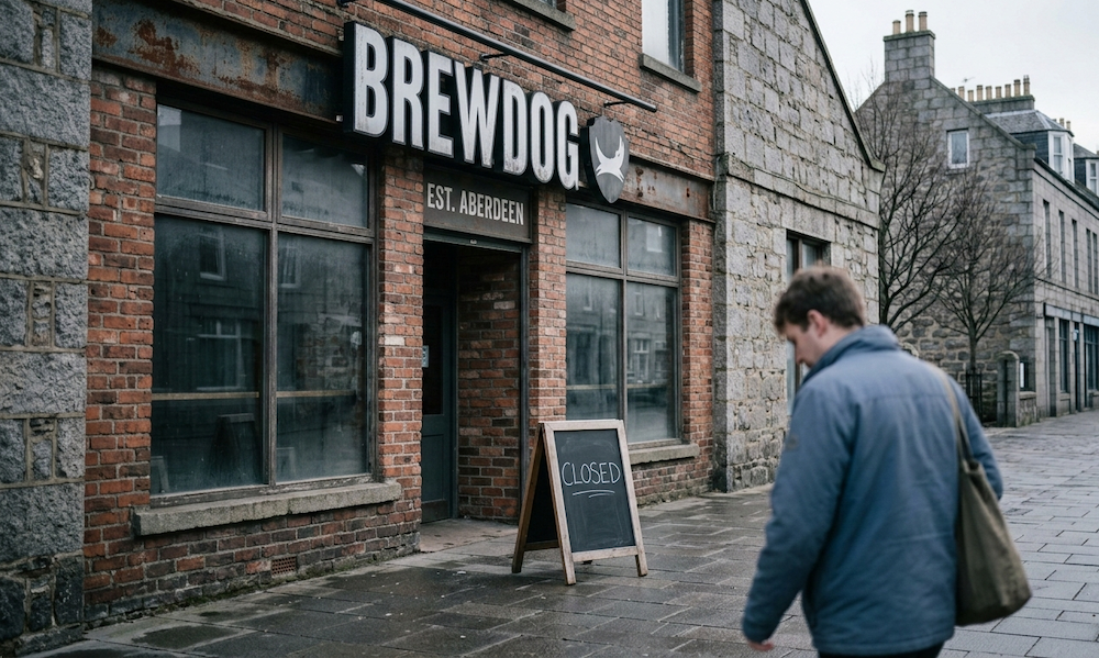 A wide-angle, slightly desaturated photograph on an overcast day in Aberdeen shows a man in a blue jacket walking away from the camera. The man's back is to the viewer. To his right is a large, grey stone and red brick pub with a large, white-lettered sign that reads "Brewdog" and smaller text below that says "EST. ABERDEEN". There are large windows with wooden frames and a front door. A wooden A-frame chalkboard sign with the word "CLOSED" in white chalk stands on the grey stone sidewalk outside the pub. The street stretches into the distance with other grey stone buildings and trees.